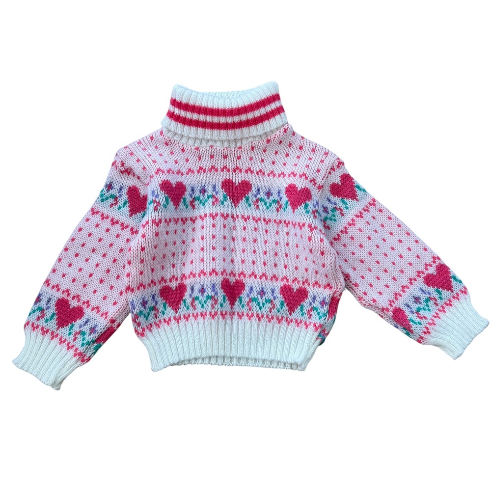 Vintage Baby Fair Heart Floral Fair Isle Turtleneck Sweater 18 Months Pink White